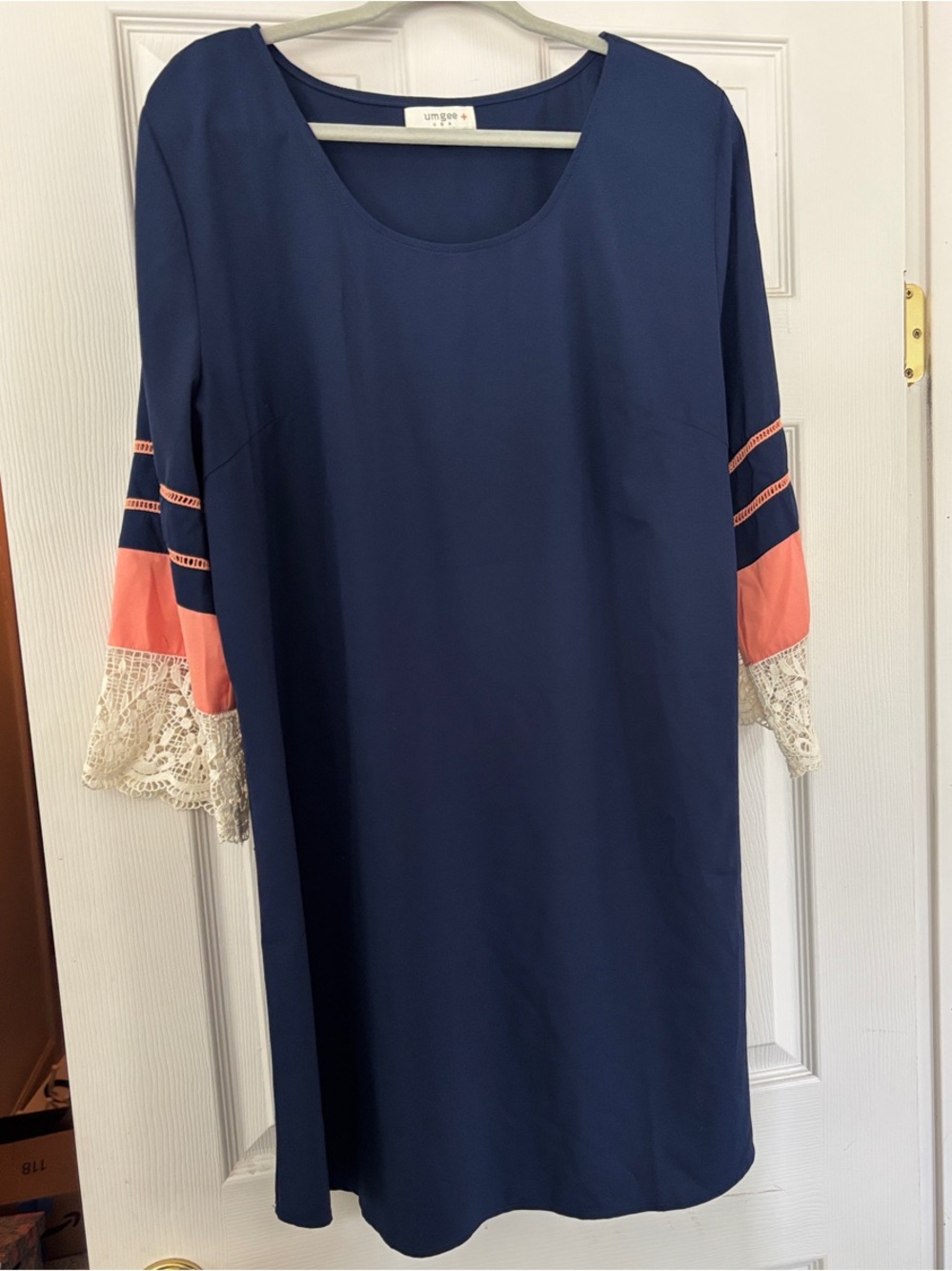 Umgee Navy Shift Dress with Coral Sleeves & Lace Trim